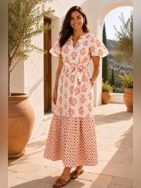 NWT Magari Italy Cream Red Mixed Print Cotton Maxi Dress M Belted